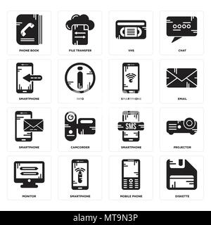 Set Of 16 simple editable icons such as Diskette, Mobile phone, Smartphone, Monitor, Projector, Phone book, Smartphone can be used for mobile, web UI Stock Vector