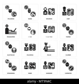 Set Of 16 simple editable icons such as Carpenter, Gardener, Miner, Stewardess, Plumber, Policeman, Programmer, Electrician, Chauffeur can be used for Stock Vector