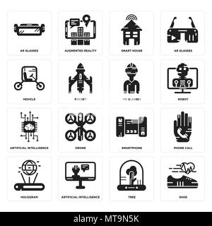 Set Of 16 simple editable icons such as Shoe, Tree, Artificial intelligence, Hologram, Phone call, Ar glasses, Vehicle, Vr glasses can be used for mob Stock Vector