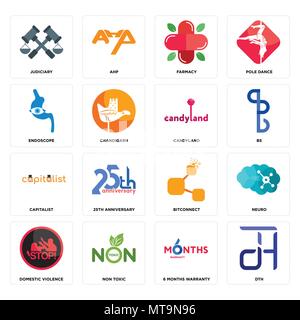 Set Of 16 simple editable icons such as dth, 6 months warranty, non toxic, domestic violence, neuro, judiciary, endoscope, capitalist, candyland can b Stock Vector
