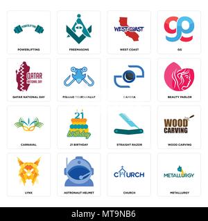 Set Of 16 simple editable icons such as metallurgy, church, astronaut helmet, lynx, wood carving, powerlifting, qatar national day, carnaval, camera c Stock Vector