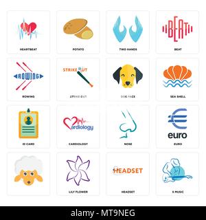 Set Of 16 simple editable icons such as s music, headset, lily flower, , euro, heartbeat, rowing, id card, dog face can be used for mobile, web UI Stock Vector