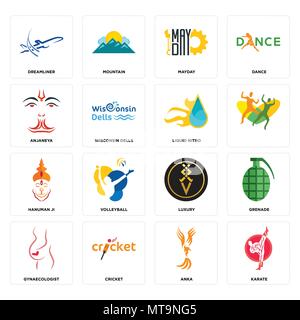 Set Of 16 simple editable icons such as karate, anka, cricket, gynaecologist, grenade, dreamliner, anjaneya, hanuman ji, liquid nitro can be used for  Stock Vector