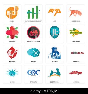 Set Of 16 simple editable icons such as lowrider, dog training, carparts, urchin, hooligan, bach, farmacy, minotaur, can be used for mobile, web UI Stock Vector