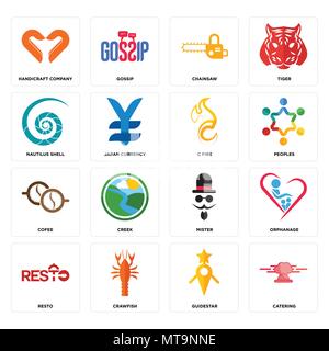 Set Of 16 simple editable icons such as catering, guidestar, crawfish, resto, orphanage, handicraft company, nautilus shell, cofee, c fire can be used Stock Vector