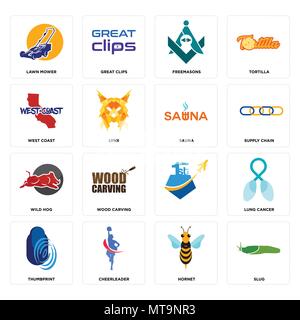 Set Of 16 simple editable icons such as slug, hornet, cheerleader, thumbprint, lung cancer, lawn mower, west coast, wild hog, sauna can be used for mo Stock Vector
