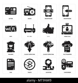 Set Of 16 simple editable icons such as Camcorder, Location, tooth, File, File transfer, Letter, Wifi, Mailbox, Like can be used for mobile, web UI Stock Vector