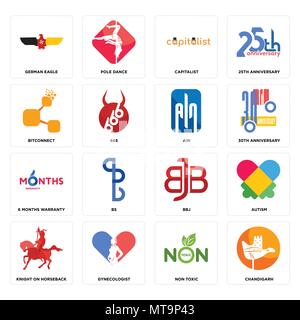 Set Of 16 simple editable icons such as chandigarh, non toxic, gynecologist, knight on horseback, autism, german eagle, bitconnect, 6 months warranty, Stock Vector