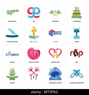 Set Of 16 simple editable icons such as fishing tournament, astronaut helmet, , quran, rap, eucalyptus, straight razor, church, house can be used for  Stock Vector