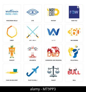Set Of 16 simple editable icons such as bull, naacp, pilot flying j, cash on delivery, volleyball, wisconsin dells, crest, mascot, a & w can be used f Stock Vector