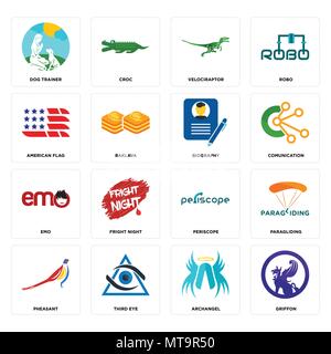 Set Of 16 simple editable icons such as griffon, archangel, third eye, pheasant, paragliding, dog trainer, american flag, emo, biography can be used f Stock Vector