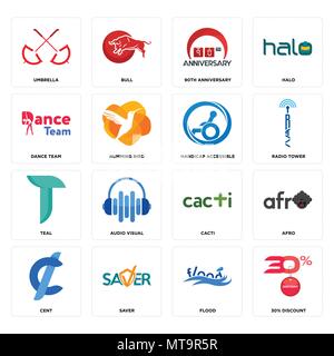 Set Of 16 simple editable icons such as 30% discount, flood, saver, cent, afro, umbrella, dance team, teal, handicap accessible can be used for mobile Stock Vector