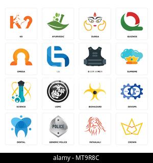 Set Of 16 simple editable icons such as crown, patanjali, generic police, dental, devops, k9, omega, science, body armor can be used for mobile, web U Stock Vector