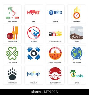 Set Of 16 simple editable icons such as oasis, buffalo brand, hallmark, grizzly claw, earth hour, made in italy, cricket club, four  hearts, germany c Stock Vector