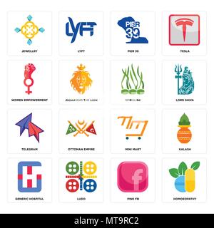 Set Of 16 simple editable icons such as homoeopathy, pink fb, ludo, generic hospital, kalash, jewellry, women empowerment, telegram, spirulina can be  Stock Vector