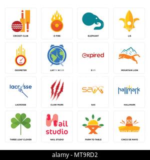 Set Of 16 simple editable icons such as cinco de mayo, farm to table, nail studio, three leaf clover, hallmark, cricket club, odometer, lacrosse, expi Stock Vector