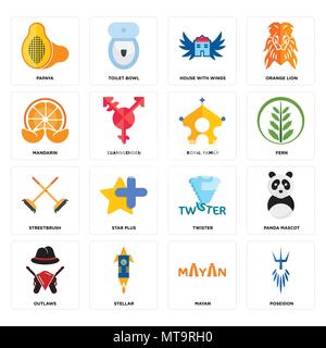 Set Of 16 simple editable icons such as poseidon, mayan, stellar, outlaws, panda mascot, papaya, mandarin, streetbrush, royal family can be used for m Stock Vector