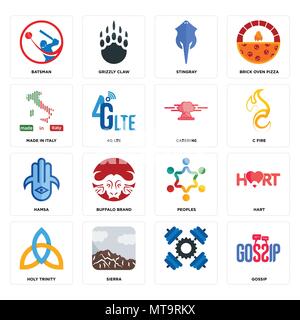 Set Of 16 simple editable icons such as gossip, , sierra, holy trinity, hart, batsman, made in italy, hamsa, catering can be used for mobile, web UI Stock Vector