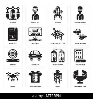 Set Of 16 simple editable icons such as Panoramic view, Robot, Smart clothing, Drone, Smartphone, Jet pack, Audio file, Cooker, Bionic contact lens ca Stock Vector