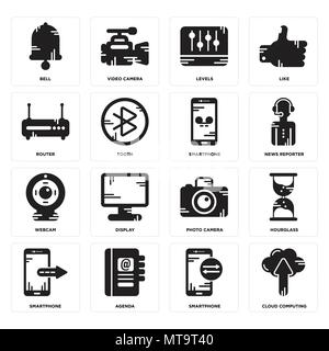 Set Of 16 simple editable icons such as Cloud computing, Smartphone, Agenda, Hourglass, Bell, Router, Webcam, Smartphone can be used for mobile, web U Stock Vector