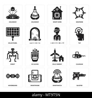 Set Of 16 simple editable icons such as Blaster, Smartwatch, Smartphone, Hoverboard, Chainsaw, Hologram, Solar panel, Robot, Augmented reality can be  Stock Vector