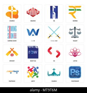 Set Of 16 simple editable icons such as photoshop, church, unity, fastrack, lotus, coming soon, cricket, excalibur can be used for mobile, web UI Stock Vector