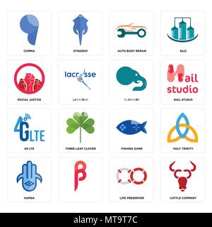 Set Of 16 simple editable icons such as cattle company, life preserver, , hamsa, holy trinity, comma, social justice, 4g lte, elephant can be used for Stock Vector