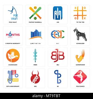 Set Of 16 simple editable icons such as pole dance, bs, 666, 30th anniversary, superpower, vault, 6 months warranty, chandigarh, eac can be used for m Stock Vector