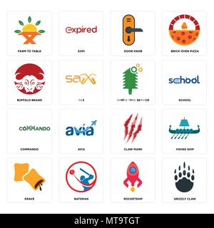 Set Of 16 simple editable icons such as grizzly claw, rocketship, batsman, krave, viking ship, farm to table, buffalo brand, commando, tree service ca Stock Vector