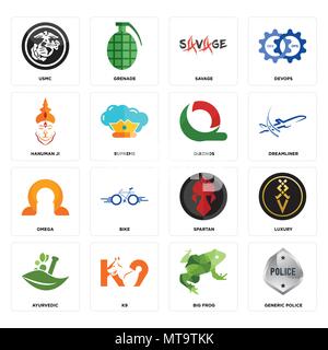 Set Of 16 simple editable icons such as generic police, big frog, k9, ayurvedic, luxury, usmc, hanuman ji, omega, quiznos can be used for mobile, web  Stock Vector