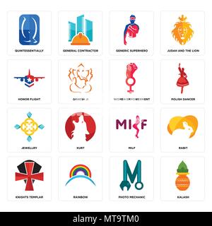 Set Of 16 simple editable icons such as kalash, photo mechanic, rainbow, knights templar, rabit, quintessentially, honor flight, jewellry, women empow Stock Vector