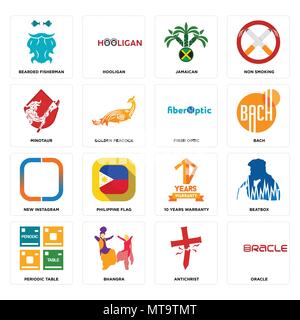 Set Of 16 simple editable icons such as oracle, antichrist, bhangra, periodic table, beatbox, bearded fisherman, minotaur, new instagram, fiber optic  Stock Vector