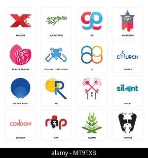 Set Of 16 simple editable icons such as vikings, quran, rap, condom, silent, xfactor, beauty parlor, golden ratio, 88 can be used for mobile, web UI Stock Vector