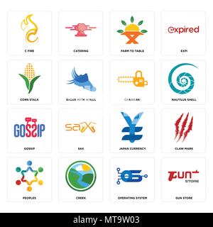 Set Of 16 simple editable icons such as gun store, operating system, creek, peoples, claw mark, c fire, corn stalk, gossip, chainsaw can be used for m Stock Vector
