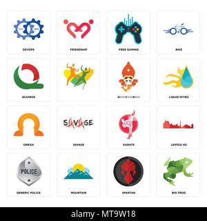 Set Of 16 simple editable icons such as big frog, spartan, mountain, generic police, leipzig hd, devops, quiznos, omega, siddhivinayak can be used for Stock Vector