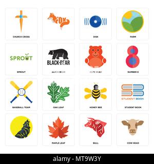 Set Of 16 simple editable icons such as cow head, bull, maple leaf, , student book, church cross, sprout, baseball team, cute bear can be used for mob Stock Vector