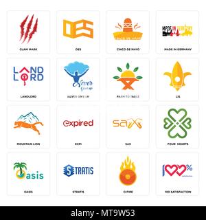 Set Of 16 simple editable icons such as 100 satisfaction, o fire, stratis, oasis, four  hearts, claw mark, landlord, mountain lion, farm to table can  Stock Vector