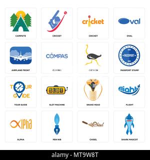 Set Of 16 simple editable icons such as shark mascot, chisel, pen nib, alpha, flight, campsite, airplane front, tour guide, ostrich can be used for mo Stock Vector