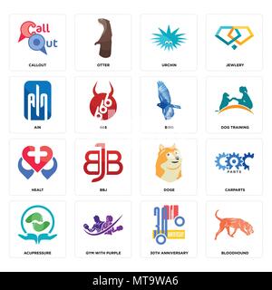 Set Of 16 simple editable icons such as bloodhound, 30th anniversary, gym with purple, acupressure, carparts, callout, ain, healt, bird can be used fo Stock Vector