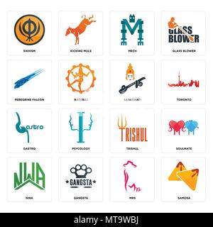 Set Of 16 simple editable icons such as samosa, mrs, gangsta, nwa, soulmate, sikhism, peregrine falcon, gastro, saraswati can be used for mobile, web  Stock Vector