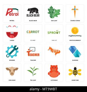 Set Of 16 simple editable icons such as honey bee, cute bear, tea leaf, cow head, diamond, petrol, laugh, spanner, sprout can be used for mobile, web  Stock Vector