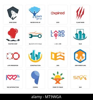 Set Of 16 simple editable icons such as sax, farm to table, comma, 100 satisfaction, arm wrestling, king kong, master chef, life preserver, landlord c Stock Vector