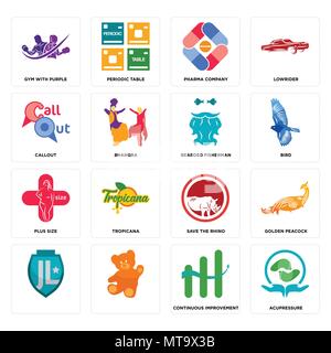 Set Of 16 simple editable icons such as acupressure, continuous improvement, , golden peacock, gym with purple, callout, plus size, bearded fisherman  Stock Vector