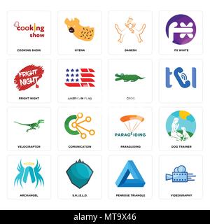 Set Of 16 simple editable icons such as videography, penrose triangle, s.h.i.e.l.d., archangel, dog trainer, cooking show, fright night, velociraptor, Stock Vector