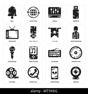 Set Of 16 simple editable icons such as Webcam, Smartphone, Phone call, Film reel, Compact disc, Bell, Television, Microphone, Banner can be used for  Stock Vector