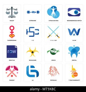 Set Of 16 simple editable icons such as 1 year warranty, patanjali, lg, makeup, dental, naacp, superwoman, raw file, excalibur can be used for mobile, Stock Vector