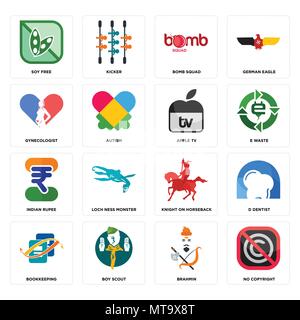 Set Of 16 simple editable icons such as no copyright, brahmin, boy scout, bookkeeping, d dentist, soy free, gynecologist, indian rupee, apple tv can b Stock Vector