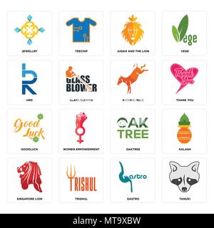 Set Of 16 simple editable icons such as tanuki, gastro, trishul, singapore lion, kalash, jewellry, hrd, goodluck, kicking mule can be used for mobile, Stock Vector