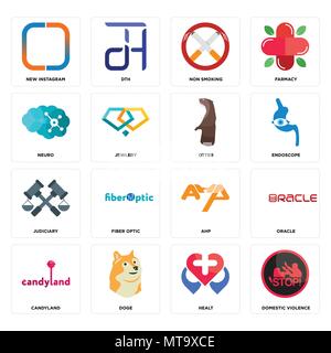 Set Of 16 simple editable icons such as domestic violence, healt, doge, candyland, oracle, new instagram, neuro, judiciary, otter can be used for mobi Stock Vector