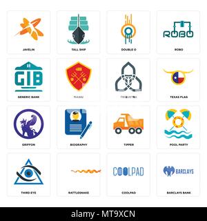 Set Of 16 simple editable icons such as barclays bank, coolpad, rattlesnake, third eye, pool party, javelin, generic griffon, triquetra can be used fo Stock Vector